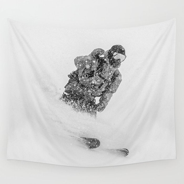 Ski Powder // Black and White Snowy Colorado Backcountry Skiing Whiteout Snowing Wall Tapestry Gallery Image 4