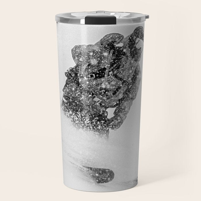Ski Powder // Black and White Snowy Colorado Backcountry Skiing Whiteout Snowing Travel Mug Gallery Image 1
