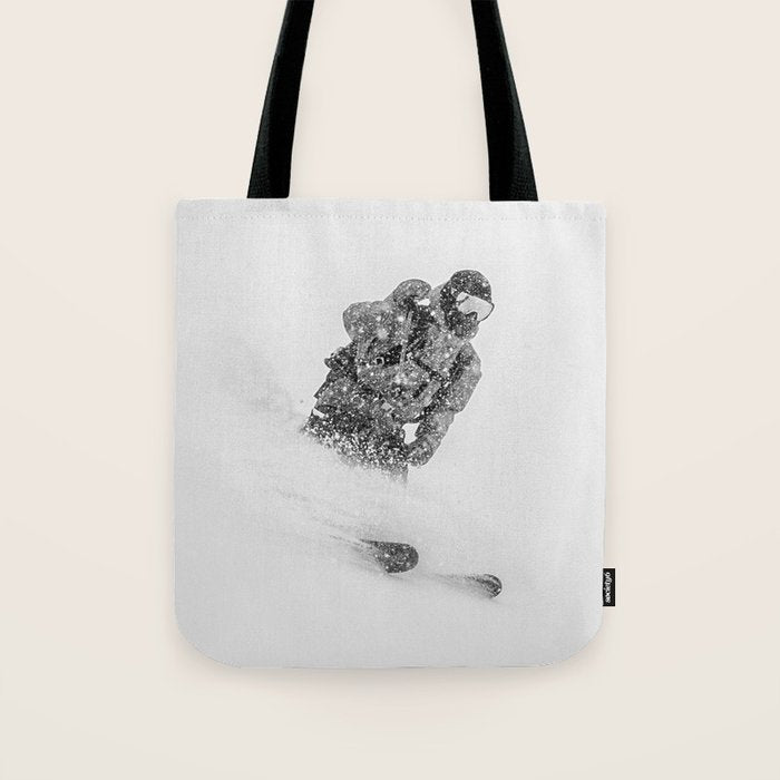 Ski Powder // Black and White Snowy Colorado Backcountry Skiing Whiteout Snowing Tote Bag Gallery Image 1