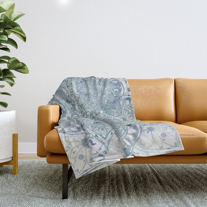 Yoga, Mandala, Green and Blue, Wall Art Boho Throw Blanket Gallery Image 1