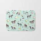 Horses and Small Flowers, Mint Blue, Horse Decor, Floral Print, Horse Art Bath Mat Gallery Image 1