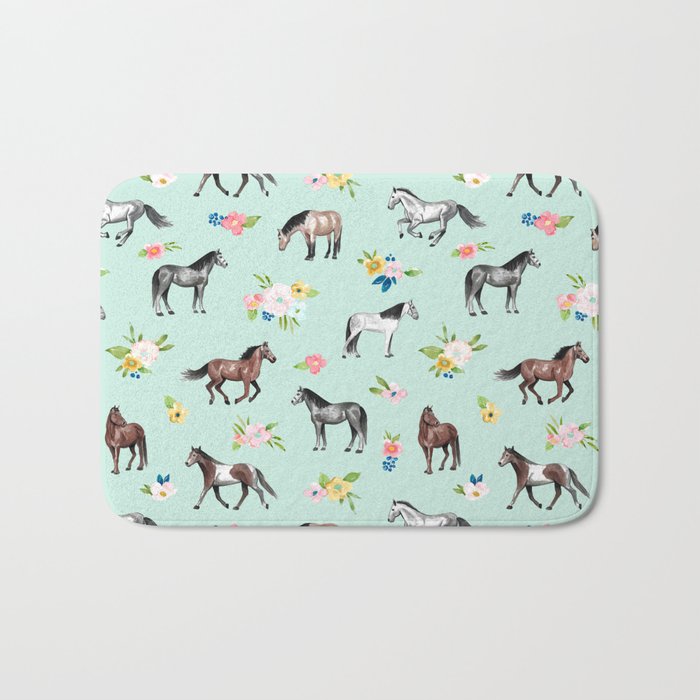 Horses and Small Flowers, Mint Blue, Horse Decor, Floral Print, Horse Art Bath Mat Gallery Image 1