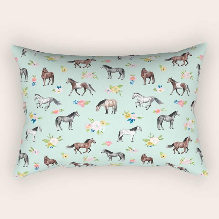 Horses and Small Flowers, Mint Blue, Horse Decor, Floral Print, Horse Art Rectangular Pillow Gallery Image 2