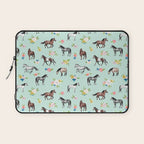 Horses and Small Flowers, Mint Blue, Horse Decor, Floral Print, Horse Art Laptop Sleeve Gallery Image 1