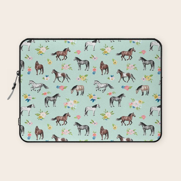 Horses and Small Flowers, Mint Blue, Horse Decor, Floral Print, Horse Art Laptop Sleeve Gallery Image 1