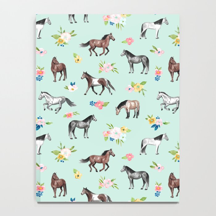 Horses and Small Flowers, Mint Blue, Horse Decor, Floral Print, Horse Art Notebook Gallery Image 4