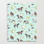 Horses and Small Flowers, Mint Blue, Horse Decor, Floral Print, Horse Art Notebook Gallery Image 4
