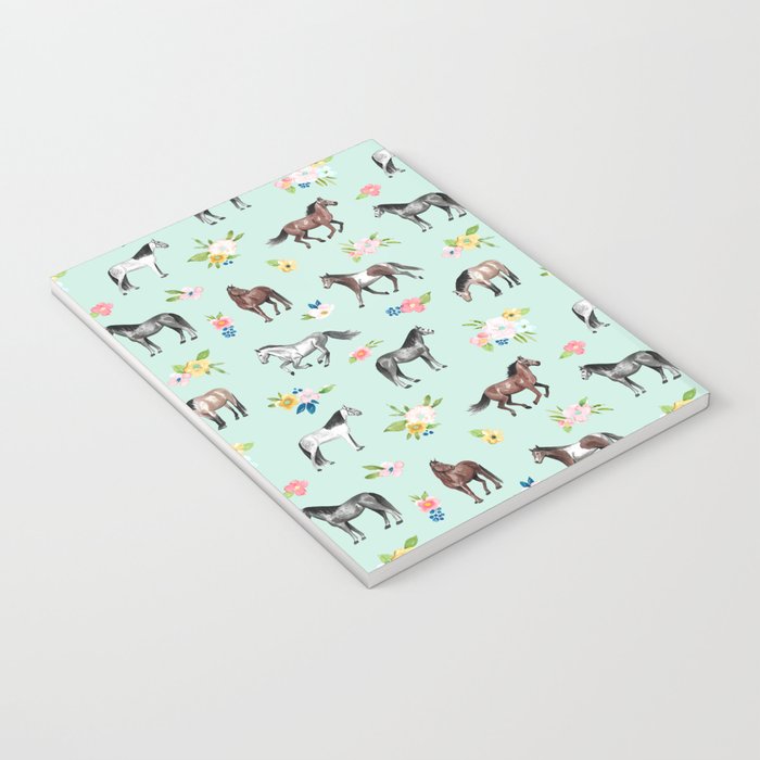 Horses and Small Flowers, Mint Blue, Horse Decor, Floral Print, Horse Art Notebook Gallery Image 3