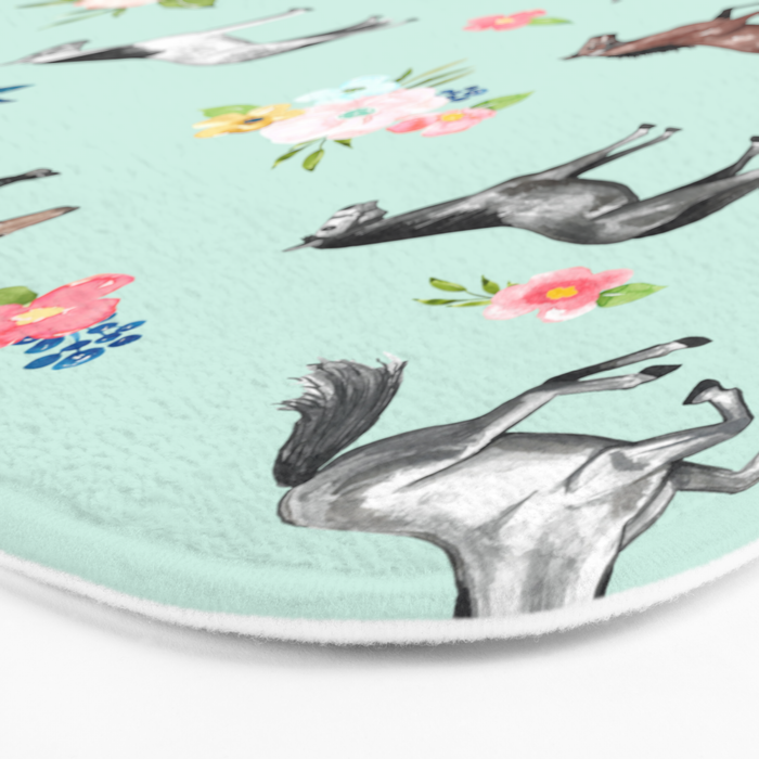 Horses and Small Flowers, Mint Blue, Horse Decor, Floral Print, Horse Art Bath Mat Gallery Image 3