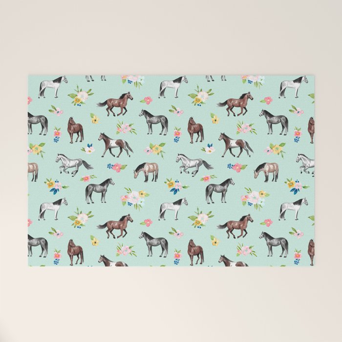 Horses and Small Flowers, Mint Blue, Horse Decor, Floral Print, Horse Art Welcome Mat Gallery Image 1