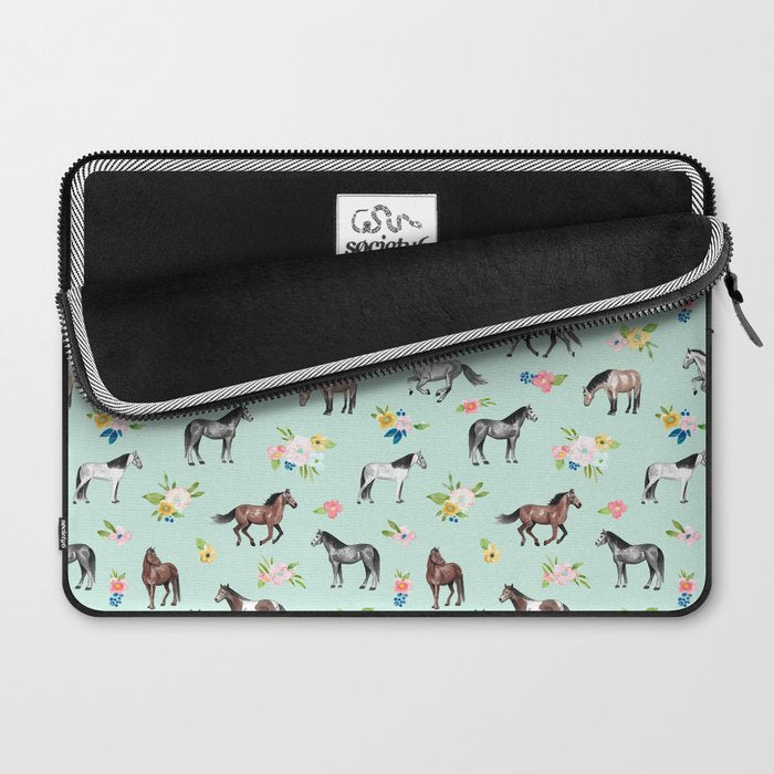 Horses and Small Flowers, Mint Blue, Horse Decor, Floral Print, Horse Art Laptop Sleeve Gallery Image 2
