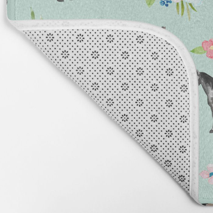 Horses and Small Flowers, Mint Blue, Horse Decor, Floral Print, Horse Art Bath Mat Gallery Image 2