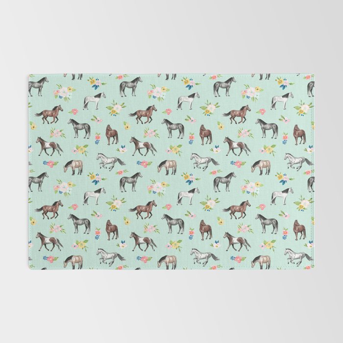 Horses and Small Flowers, Mint Blue, Horse Decor, Floral Print, Horse Art Rug Gallery Image 2