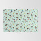 Horses and Small Flowers, Mint Blue, Horse Decor, Floral Print, Horse Art Rug Gallery Image 2