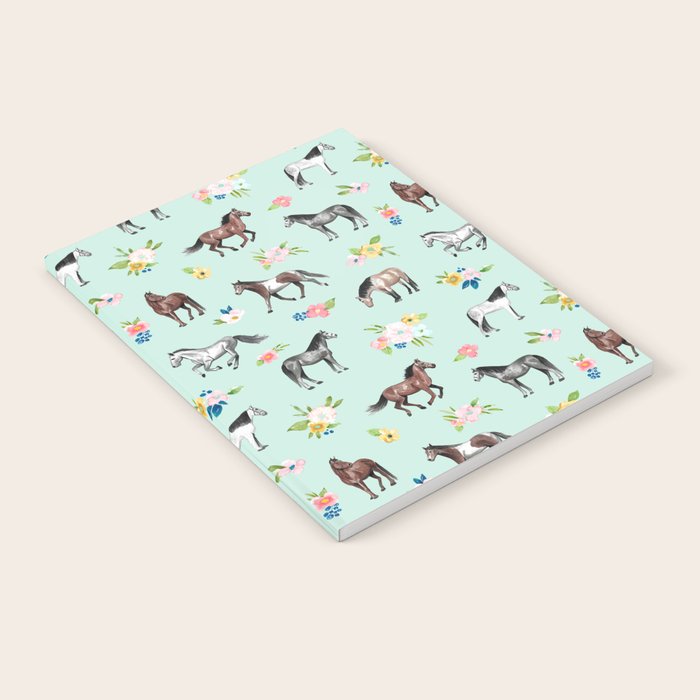 Horses and Small Flowers, Mint Blue, Horse Decor, Floral Print, Horse Art Notebook Gallery Image 1