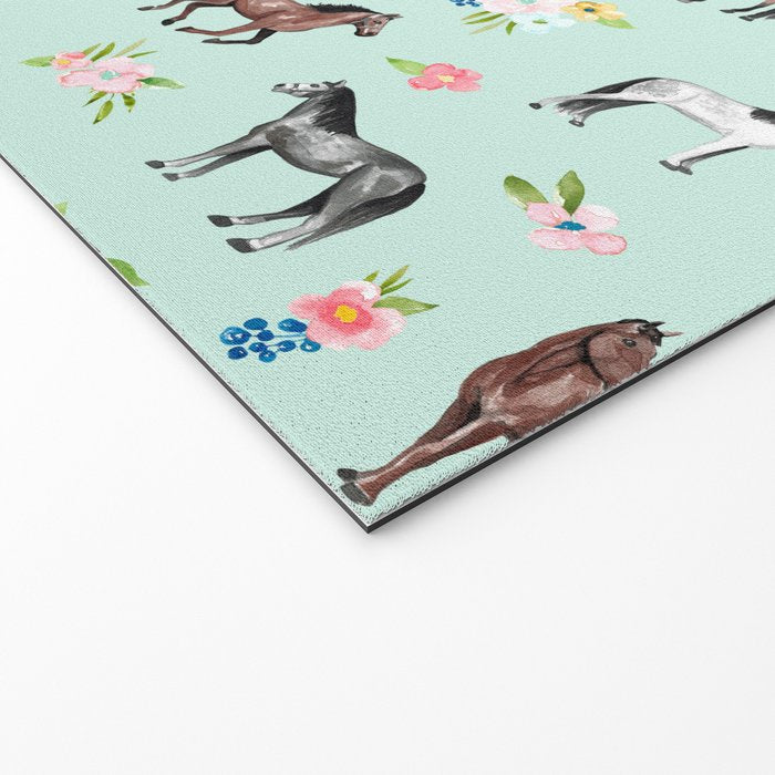 Horses and Small Flowers, Mint Blue, Horse Decor, Floral Print, Horse Art Welcome Mat Gallery Image 2