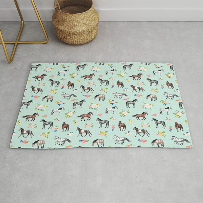 Horses and Small Flowers, Mint Blue, Horse Decor, Floral Print, Horse Art Rug Gallery Image 1