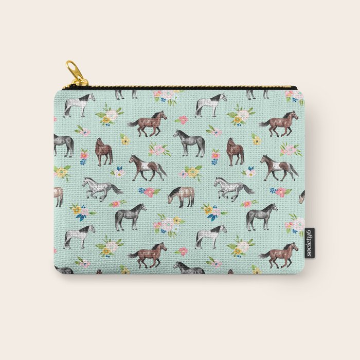 Horses and Small Flowers, Mint Blue, Horse Decor, Floral Print, Horse Art Carry All Pouch Gallery Image 1