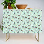 Horses and Small Flowers, Mint Blue, Horse Decor, Floral Print, Horse Art Credenza Gallery Image 1
