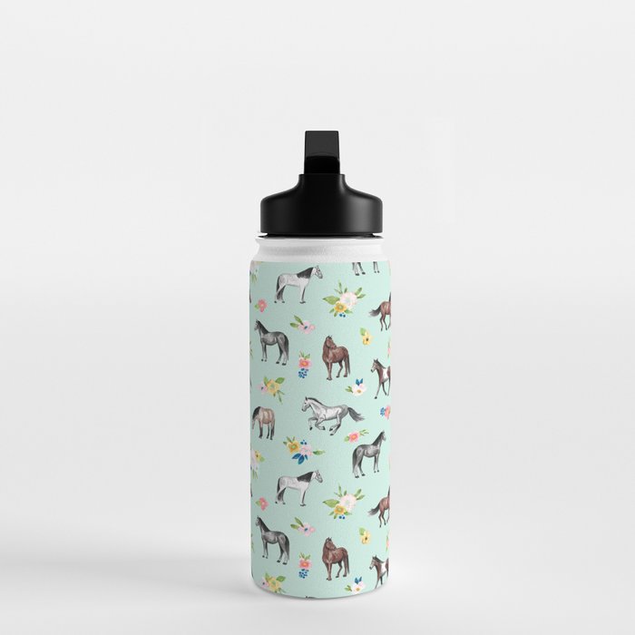 Horses and Small Flowers, Mint Blue, Horse Decor, Floral Print, Horse Art Water Bottle Gallery Image 3