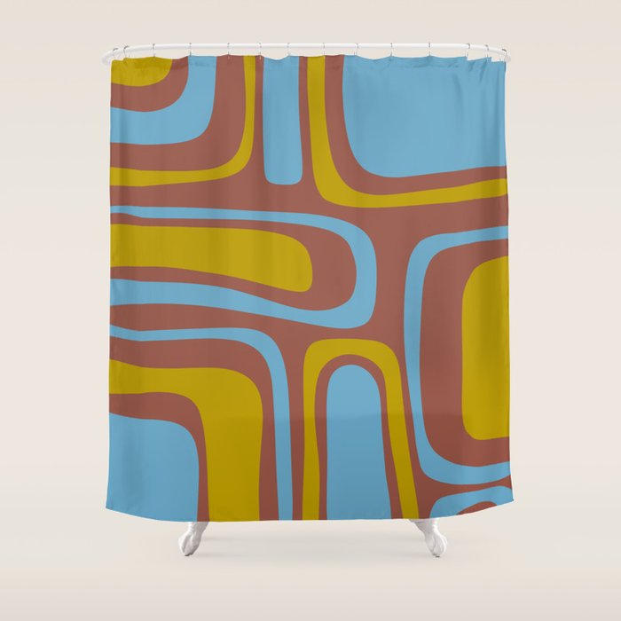 Mid-Century Modern Abstract Palm Springs Eclectic Pattern in Brown Blue Chartreuse Shower Curtain Gallery Image 1