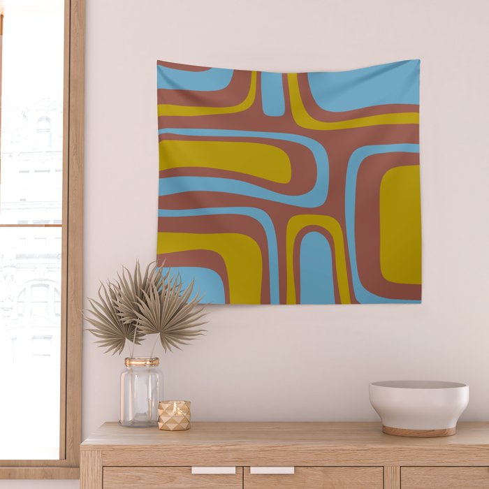 Mid-Century Modern Abstract Palm Springs Eclectic Pattern in Brown Blue Chartreuse Wall Tapestry Gallery Image 2