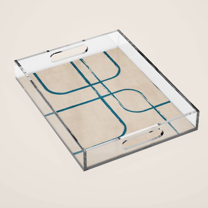 Teal Lines Light Beige Painting Minimalist Geometric Artwork Acrylic Tray Gallery Image 1