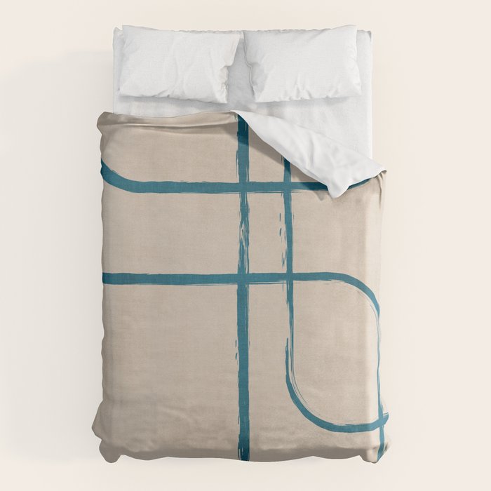 Teal Lines Light Beige Painting Minimalist Geometric Artwork Duvet Cover Gallery Image 6