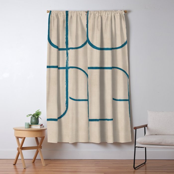 Teal Lines Light Beige Painting Minimalist Geometric Artwork Window Curtain Gallery Image 1