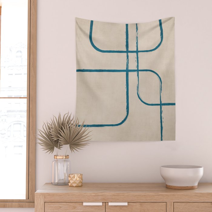 Teal Lines Light Beige Painting Minimalist Geometric Artwork Wall Tapestry Gallery Image 2