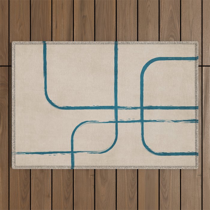 Teal Lines Light Beige Painting Minimalist Geometric Artwork Outdoor Rug Gallery Image 1