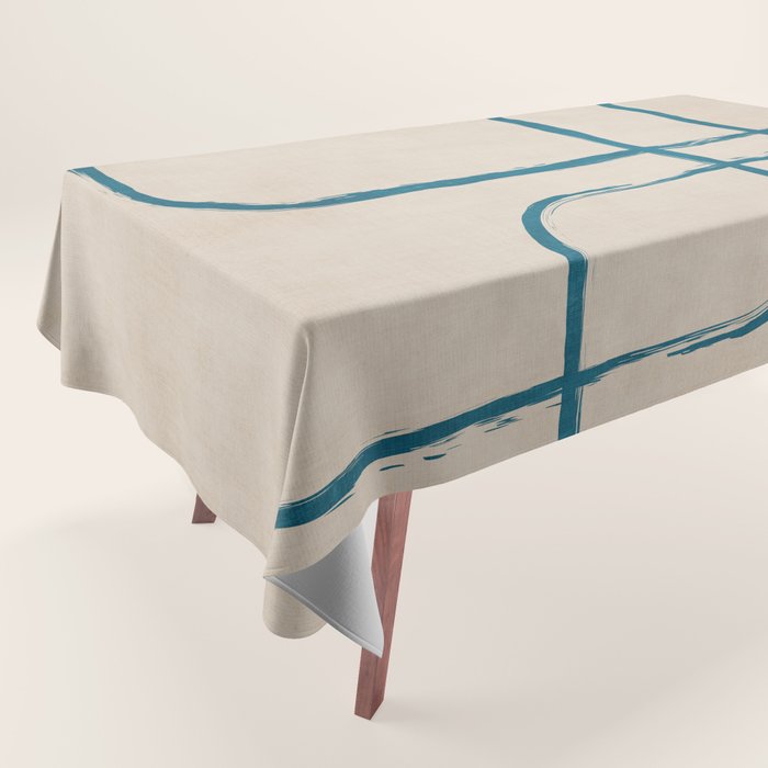 Teal Lines Light Beige Painting Minimalist Geometric Artwork Tablecloth Gallery Image 1