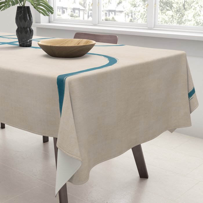 Teal Lines Light Beige Painting Minimalist Geometric Artwork Tablecloth Gallery Image 3
