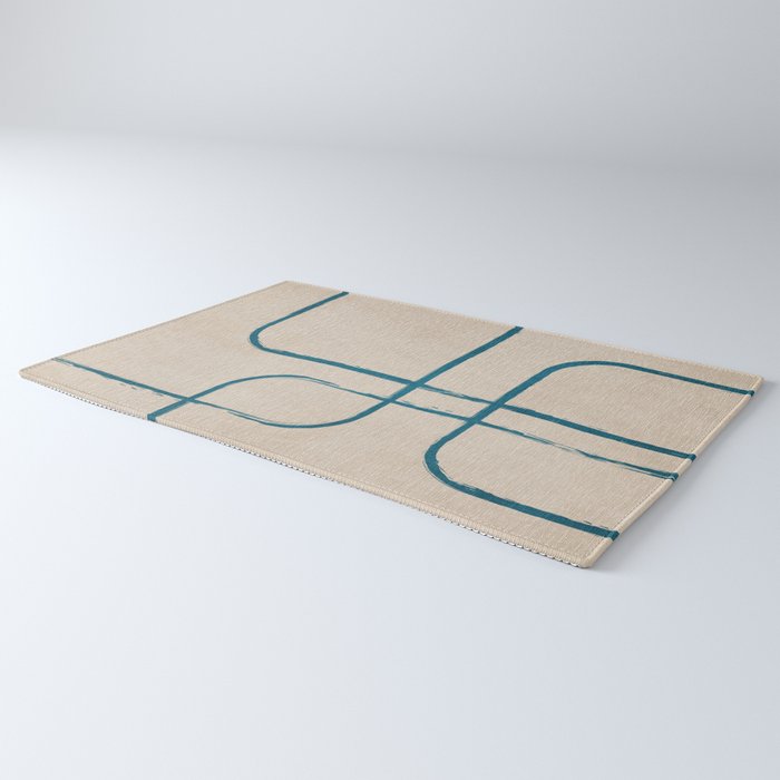 Teal Lines Light Beige Painting Minimalist Geometric Artwork Rug Gallery Image 3