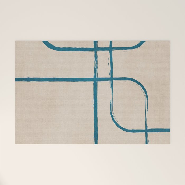 Teal Lines Light Beige Painting Minimalist Geometric Artwork Welcome Mat Gallery Image 1