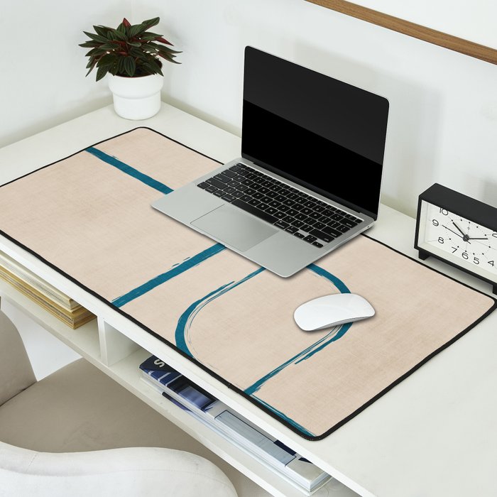 Teal Lines Light Beige Painting Minimalist Geometric Artwork Desk Mat Gallery Image 2