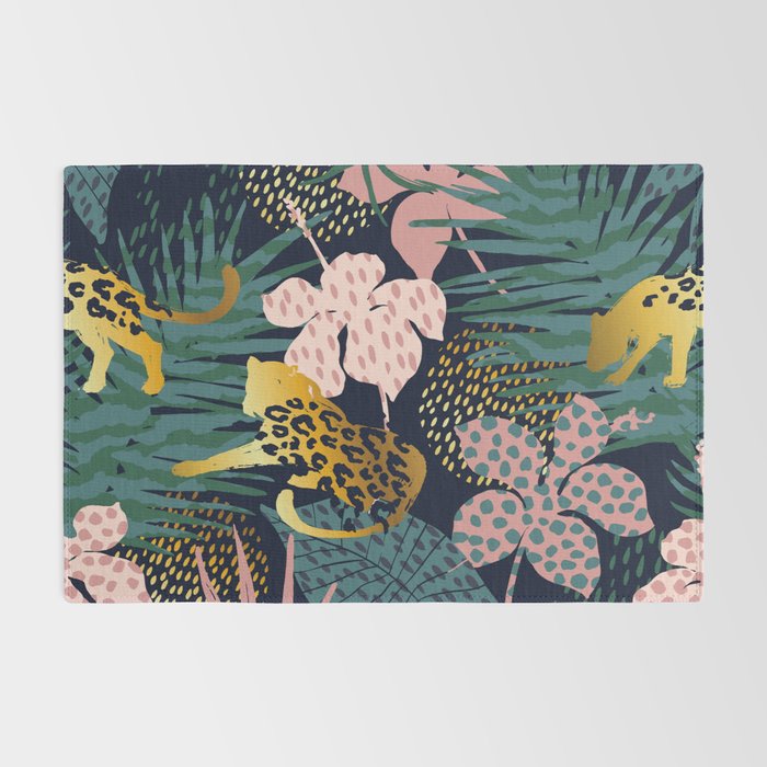 Exotic Golden Jungle Leopard & Pink Palm Leaf Geometric Pattern Rug Gallery Image 2