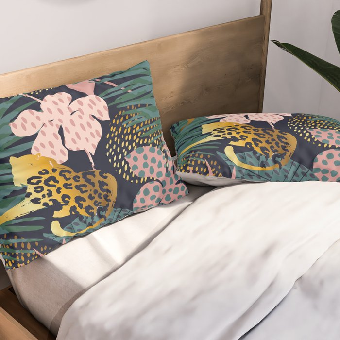 Exotic Golden Jungle Leopard & Pink Palm Leaf Geometric Pattern Pillow Sham Gallery Image 2