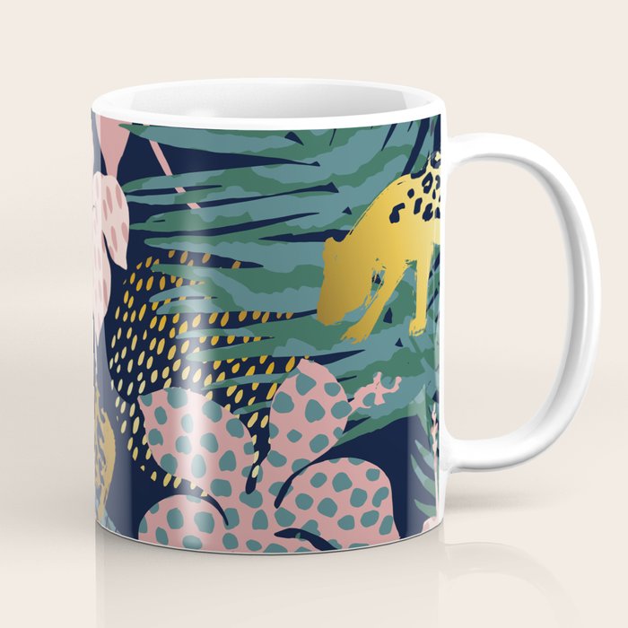 Exotic Golden Jungle Leopard & Pink Palm Leaf Geometric Pattern Coffee Mug Gallery Image 1