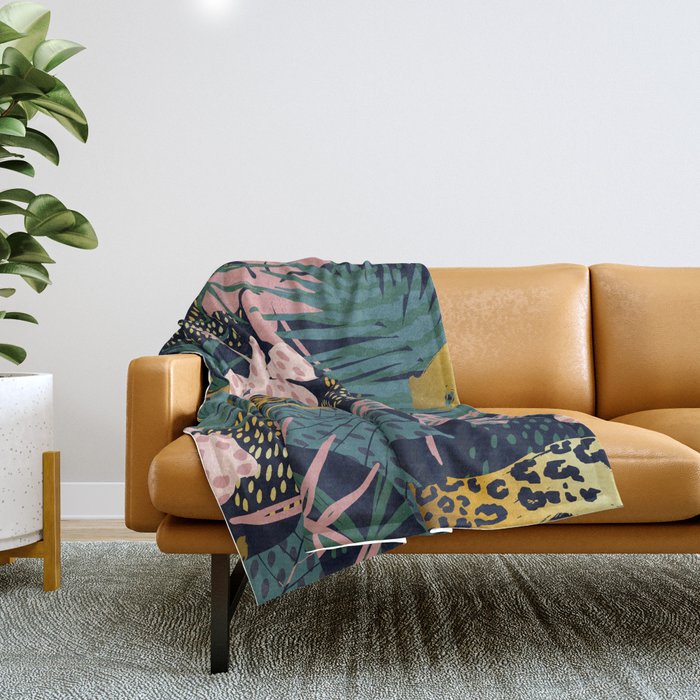 Exotic Golden Jungle Leopard & Pink Palm Leaf Geometric Pattern Throw Blanket