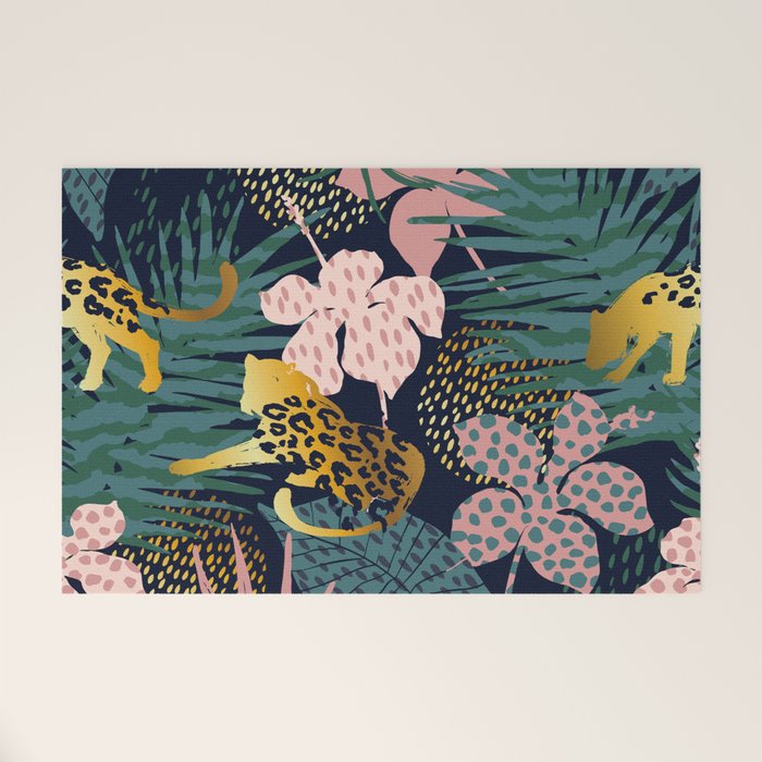 Exotic Golden Jungle Leopard & Pink Palm Leaf Geometric Pattern Welcome Mat