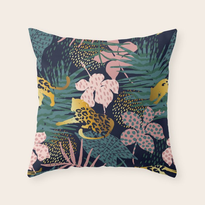 Exotic Golden Jungle Leopard & Pink Palm Leaf Geometric Pattern Throw Pillow Gallery Image 1