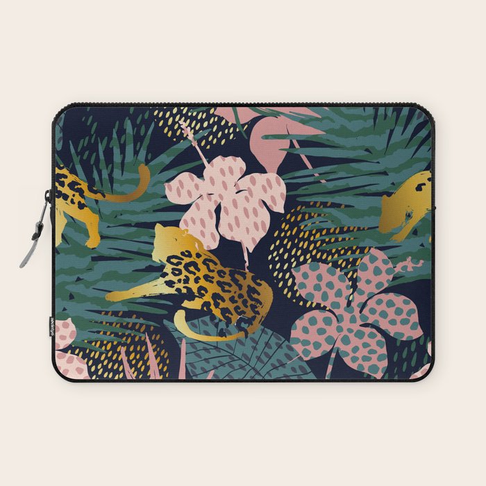 Exotic Golden Jungle Leopard & Pink Palm Leaf Geometric Pattern Laptop Sleeve Gallery Image 1