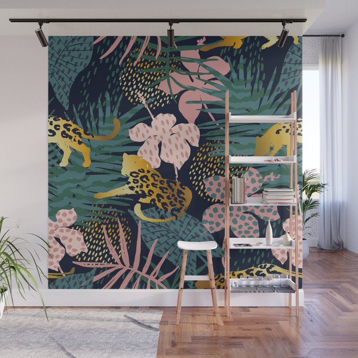 Exotic Golden Jungle Leopard & Pink Palm Leaf Geometric Pattern Wall Mural Gallery Image 1