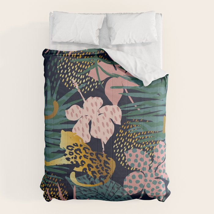 Exotic Golden Jungle Leopard & Pink Palm Leaf Geometric Pattern Comforter Gallery Image 6