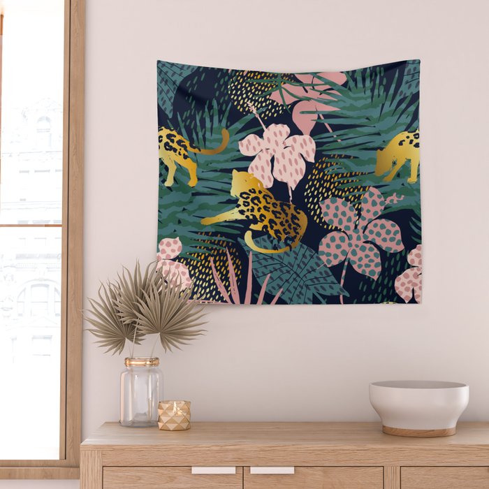 Exotic Golden Jungle Leopard & Pink Palm Leaf Geometric Pattern Wall Tapestry Gallery Image 2