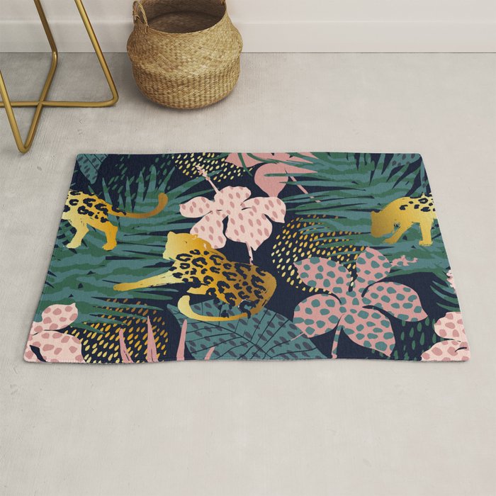 Exotic Golden Jungle Leopard & Pink Palm Leaf Geometric Pattern Rug Gallery Image 1