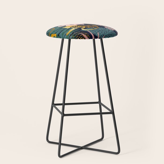 Exotic Golden Jungle Leopard & Pink Palm Leaf Geometric Pattern Stool Gallery Image 1