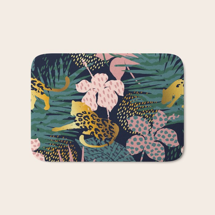 Exotic Golden Jungle Leopard & Pink Palm Leaf Geometric Pattern Bath Mat Gallery Image 1