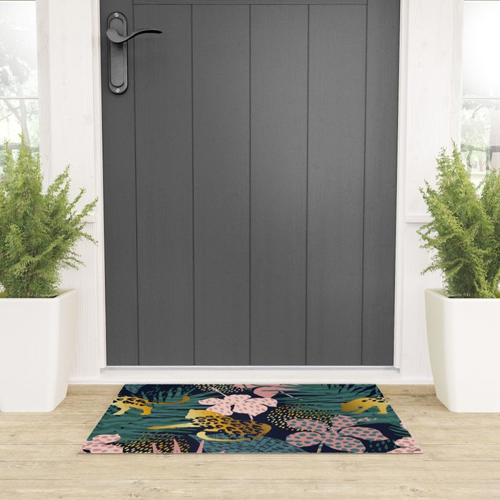 Exotic Golden Jungle Leopard & Pink Palm Leaf Geometric Pattern Welcome Mat Gallery Image 3
